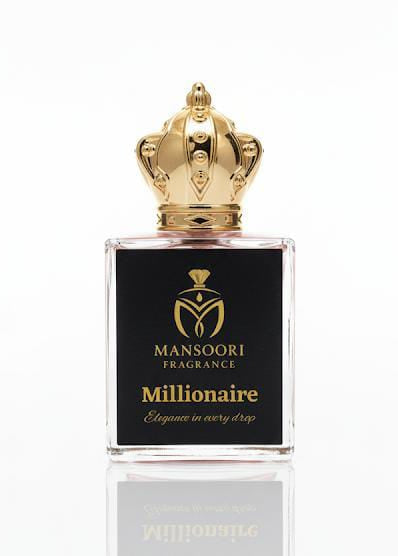 Mansoori Fragrance Millionaire perfume bottle with gold crown on a white background